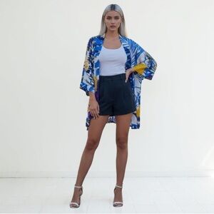 CHICOS Blue Abstract Watercolor Open Front 3/4” Sleeve Top Kimono Small - Med